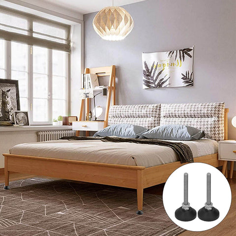 Adjustable M6 screw in furniture levelers with a swivel nylon rubber base installed on bed frame in modern bedroom