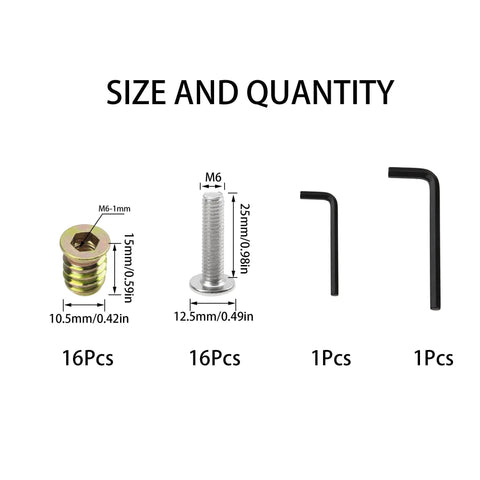 Image showing contents of Durable M6 Furniture Screw Nut Kit with 16 Sets Including M6x25 Screws and M6x15 Wood Threaded Inserts Hex Socket Drive Includes 2 Wrenches for Strong Easy Wood Furniture Assembly Rrina including dimensions.