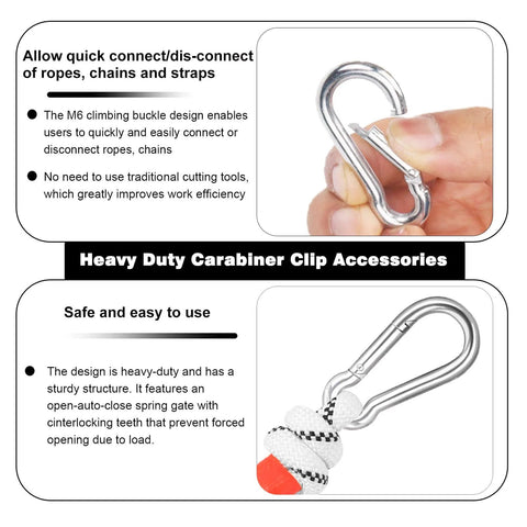 2.36 Inch M6 Carabiner Clips Heavy Duty Galvanized Steel Spring Snap Hooks shown with hand, text detailing features and uses