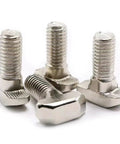 Close-up of nickel-plated M6 30mm hammer head T-slot bolts for 3030 aluminum extrusion used in CNC and 3D printer builds