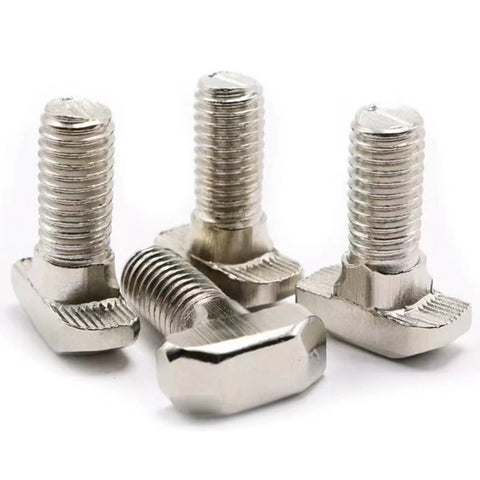 Close-up of nickel-plated M6 30mm hammer head T-slot bolts for 3030 aluminum extrusion used in CNC and 3D printer builds