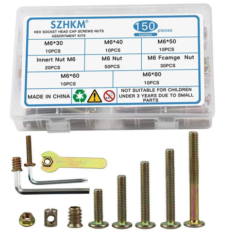 150Pcs M6 Hardware Replacement Kit For Baby Crib And Furniture Includes Hex Socket Head Cap Screws Nuts And Barrel Bolts Zinc Plated Fasteners With Free Tools Stored In Labeled Plastic Box featuring screws and tools