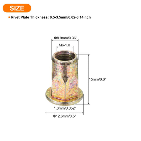 Half Hex Body Flange Rivet Nut Set M6 Carbon Steel Zinc Plated Threaded Insert Nuts With Knurled Body dimensions shown