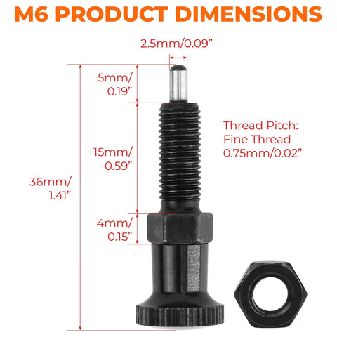 Push Fit Ball Nose Spring Knob Indexing Plunger With M6 Thread dimensions diagram, stainless steel, for industrial equipment.
