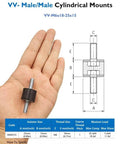 Hand holding M6 rubber vibration isolator mount with double stud design, diagram for size and measurements visible