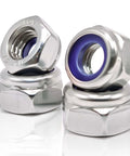 Close-up of Rock M6 X 1mm Nylon Insert Lock Nuts DIN 985 304 stainless steel showing hex shape and nylon insert, pack of 30.