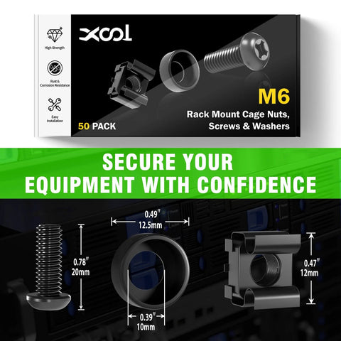 M6 16mm Rack Mount Cage Nuts Screws And Washers Kit 50 Pack For Server Cabinets And Routers packaging and diagram