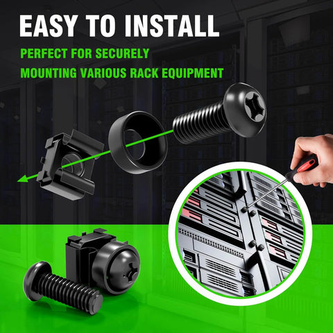 M6 16mm Rack Mount Cage Nuts Screws And Washers Kit 50 Pack for server cabinets, shown in use with assembly illustration.