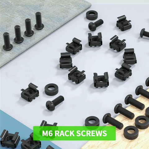 M6 16mm Rack Mount Cage Nuts Screws And Washers Kit 50 Pack For Server Cabinets And Routers Universal Square Hole Racks components displayed