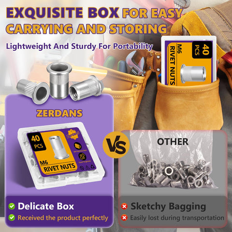 Heavy Duty M6 Rivet Nut Kit With 40 Stainless Steel Rivnuts Flat Head Threaded Inserts For Furniture Automotive And Industrial Projects Built To Last In Wet And Harsh Environments ZerDans in an organized box showing superior storage over bagging