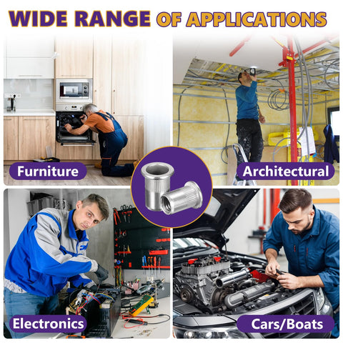 Image showing Heavy Duty M6 Rivet Nut Kit With 40 Stainless Steel Rivnuts Flat Head Threaded Inserts used in furniture, architecture, electronics, and automotive projects.