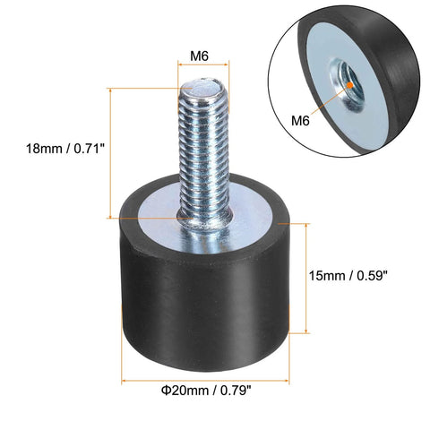 M6 Rubber Isolator Mounts With Studs 20x15mm Male Female Threads Vibration Absorbers Zinc Plated Cylindrical Mounts 4 Pack