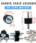 Reduces vibration, noise, and wear with a 6 pack of M6 rubber isolator mounts and studs, shown with dimensions and nuts