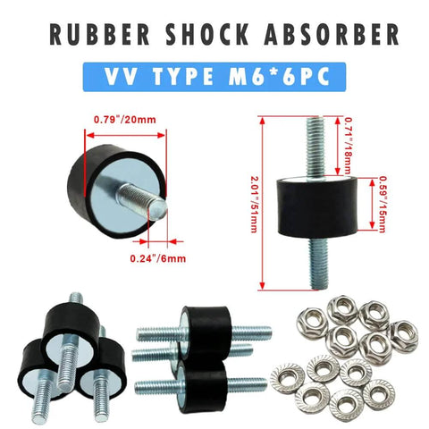 Reduces vibration, noise, and wear with a 6 pack of M6 rubber isolator mounts and studs, shown with dimensions and nuts
