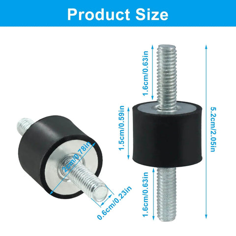 Beefy M6 Rubber Isolator Mounts 20 By 15 Mm Four Pack With Eight Hex Lock Nuts Anti Vibration Shock Absorbers For Machinery, Equipment And Audio Gear, Heavy Duty Vibration Isolation, showing product size and dimensions.