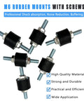 Reduces vibration, noise, and wear with a 6 pack of M6 rubber isolator mounts and studs for air compressors, pumps, and motors.