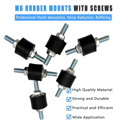 Reduces vibration, noise, and wear with a 6 pack of M6 rubber isolator mounts and studs for air compressors, pumps, and motors.