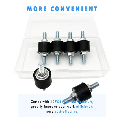 Reduces vibration, noise, and wear with a 6 pack of M6 rubber isolator mounts and studs shown in case with lock nuts.