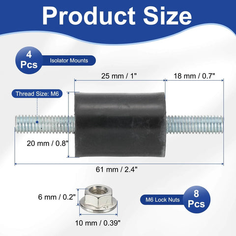 Heavy Duty M6 Rubber Isolator Mounts 20x25mm Vibration Damping Pads 4 Pack With Lock Nuts For Motors, Air Compressors And Engines, 61mm Overall Height