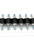6 pack of M6 rubber isolator mounts with studs, reducing vibration, noise, and wear, supports air compressors, pumps, generators, motors