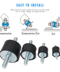 Reduces vibration, noise, and wear with a 6 pack of M6 rubber isolator mounts and studs shown in various sizes and installation methods