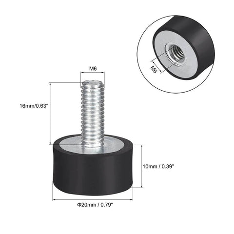 Eight M6 rubber mounts provide reliable vibration isolation and shock absorption, 16mm stud, 20x10mm pad, shown detailed.