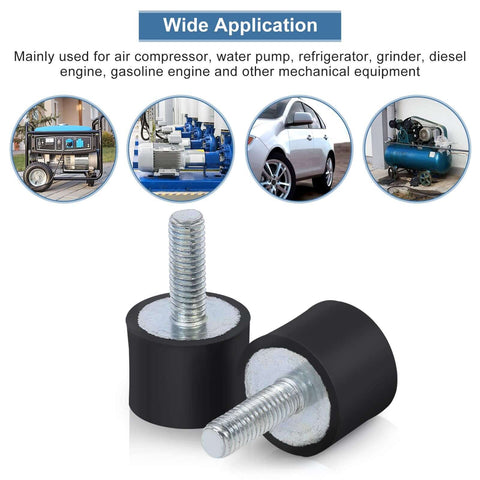 Compact M6/M8 cylindrical rubber isolators with threaded studs for reliable vibration damping in welding machines and equipment