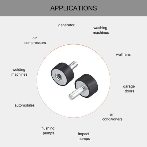 Eight M6 rubber mounts for machinery and audio gear, featuring 20x10 mm pads for vibration isolation and shock absorption applications.