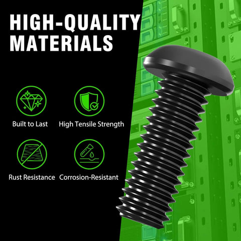 Graphic showing screw from M6 16mm Rack Mount Cage Nuts Screws And Washers Kit 50 Pack For Server Cabinets And Routers with quality features.
