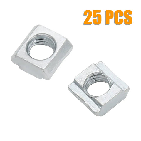 M6 Sliding T Nuts 25 Pcs For 2020 Aluminum Extrusion Tee Slot Nuts 6mm Fits 3D Printer CNC Router European Standard By Qjaiune High Quality Carbon Steel Durable Construction, showing two galvanized nuts