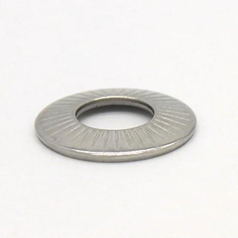 Close-up of M6 Stainless Steel Belleville Washer, part of Disc Spring Pack of 50, showing cupped shape and ridged surface.