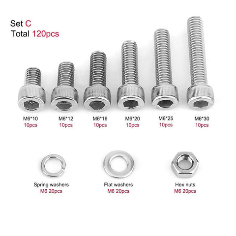 120 Pieces M6 Stainless Steel Hex Socket Head Bolts Screws Nuts Washers Assortment Kit For Home Office Appliances and General Fastening Projects Durable Rust Resistant 304 Stainless Steel Construction