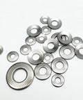 M6 Conical Knurled 304 Stainless Spring Washer 14mm OD 1mm Thick Pack of 50 spread on a white surface