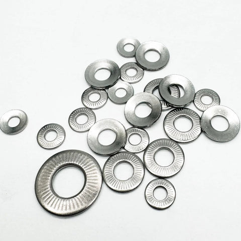 M6 Conical Knurled 304 Stainless Spring Washer 14mm OD 1mm Thick Pack of 50 spread on a white surface