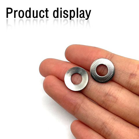 Hand holding M6 Conical Knurled 304 Stainless Spring Washer 14mm OD 1mm Thick Pack of 50