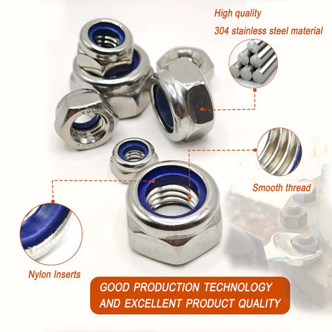 Rock M6 X 1mm Nylon Insert Lock Nuts DIN 985 304 Stainless Steel Hex Nylock Nut Pack Of 30 with smooth thread and nylon inserts