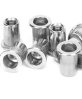 Close-up of Stainless Steel Ribbed Blind Riveting Nuts Set M6 Heavy Duty Pro Grade Works Great For Automobiles Elevators Switches