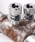 Close-up of installed M6 stainless steel hex bolts on rusty pipe, part of 120 Pieces M6 Stainless Steel Hex Socket Head Bolts Screws Nuts Washers Assortment Kit