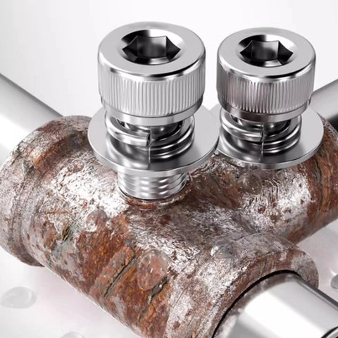 Close-up of installed M6 stainless steel hex bolts on rusty pipe, part of 120 Pieces M6 Stainless Steel Hex Socket Head Bolts Screws Nuts Washers Assortment Kit