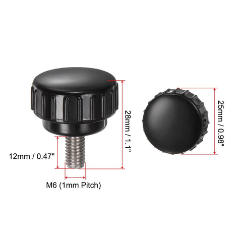 4pcs Knurled Clamping Knobs M6 x 12mm Metric 304 Stainless Steel Male Thread Thumb Screw on Type 25mm Plastic Round Head Threaded Hand Bolt Stud Knobs Black