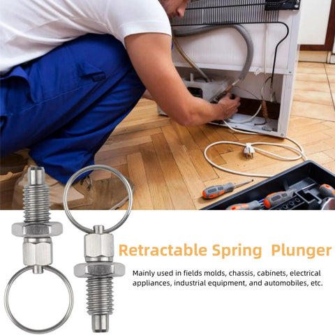 Six Pack M6 Stainless Steel Pull Ring Indexing Plungers installed in use with tools, showcasing retractable spring-loaded mechanism.