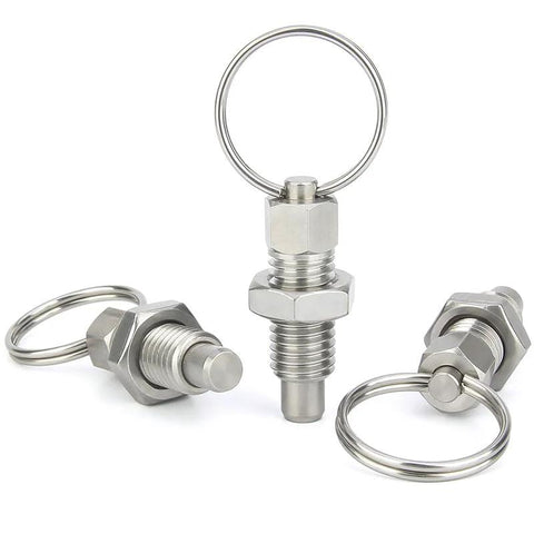 Three Six Pack M6 Stainless Steel Pull Ring Indexing Plungers with Retractable Spring Loaded Mechanism for mechanical projects.