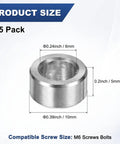M6 Stainless Steel Spacers Set, 15 Pieces, 304 Grade Round Standoffs, 6mm ID X 10mm OD X 5mm Thick, Plain Finish Silver