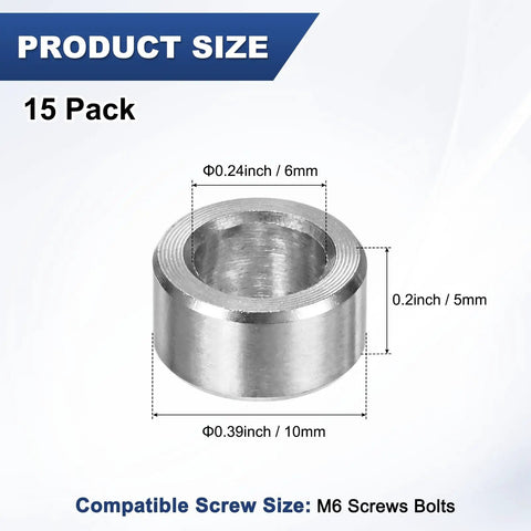 M6 Stainless Steel Spacers Set, 15 Pieces, 304 Grade Round Standoffs, 6mm ID X 10mm OD X 5mm Thick, Plain Finish Silver
