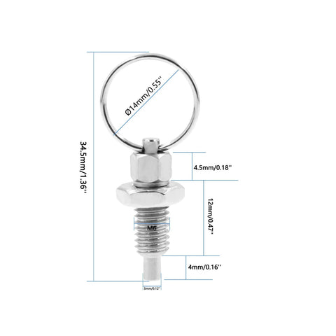 M6-3mm Stainless Steel Spring Plunger with Pull Ring dimensions, front view, non-locking index plunger for mold and industrial use.