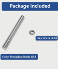 Heavy Duty 12 Piece M6 Fully Threaded Rod Set In 304 Stainless Steel with 24 hex nuts, shown with packaging details.