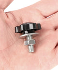 M6 Star Clamping Knob Set With Hex Nuts And Washers in hand, 20mm thread length, black plastic star shape grip, stainless steel hardware