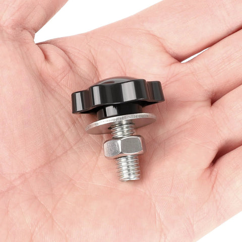M6 Star Clamping Knob Set With Hex Nuts And Washers in hand, 20mm thread length, black plastic star shape grip, stainless steel hardware