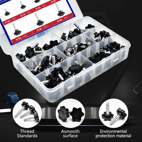 61 Piece M6 Star Knob Screw Kit With Nylon Black Plastic Star Hand Knobs And Steel Tightening Screws in organizer box