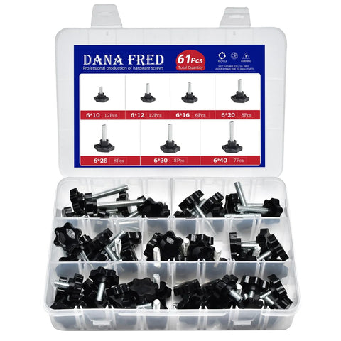 61 Piece M6 Star Knob Screw Kit with nylon black plastic star hand knobs and steel tightening screws, showing standard metric threads.